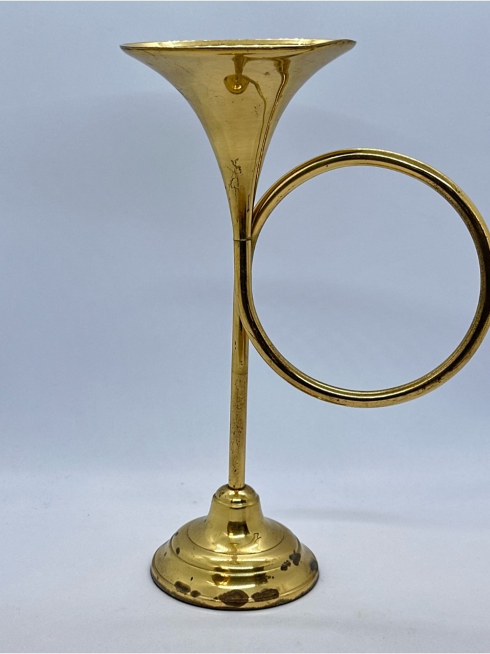 VTG Brass Taper Candle Holder French Horn Heavy 10 In. Tall Korea 1989 *Has Wear